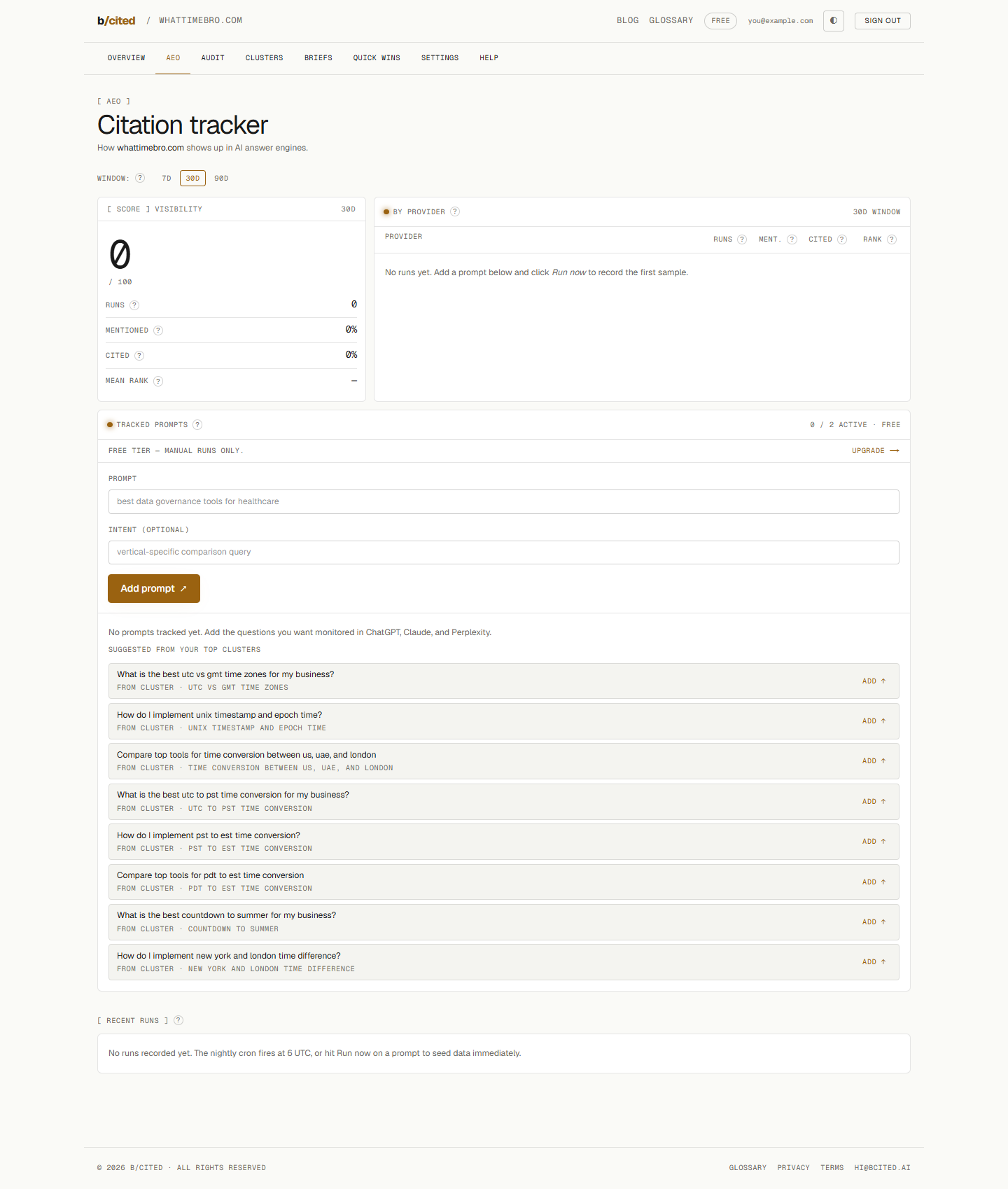 b/cited AEO citation tracking dashboard showing tracked prompts and which AI engines cited the domain on which runs