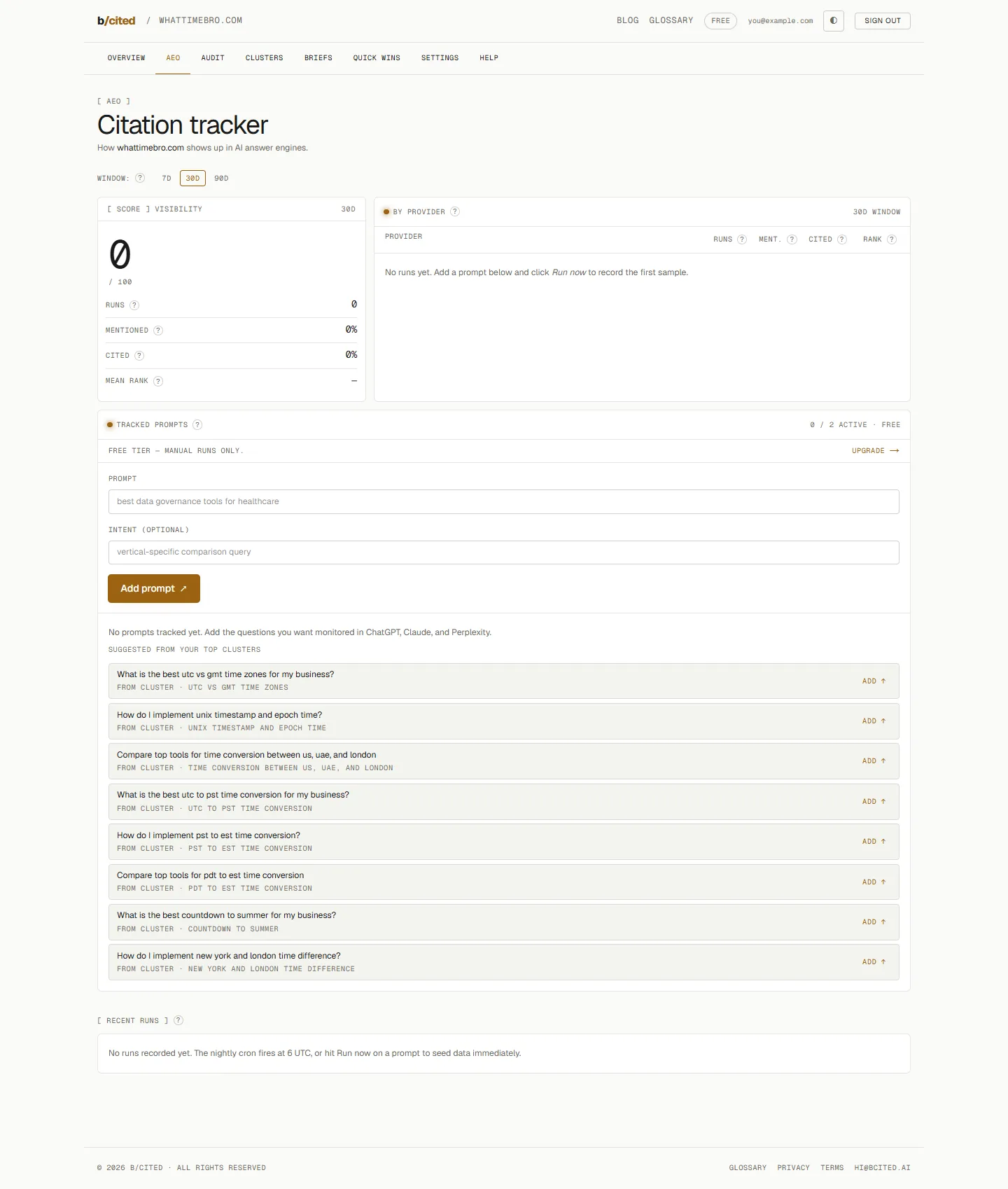 b/cited AEO citation tracking dashboard showing tracked prompts and which AI engines cited the domain on which runs