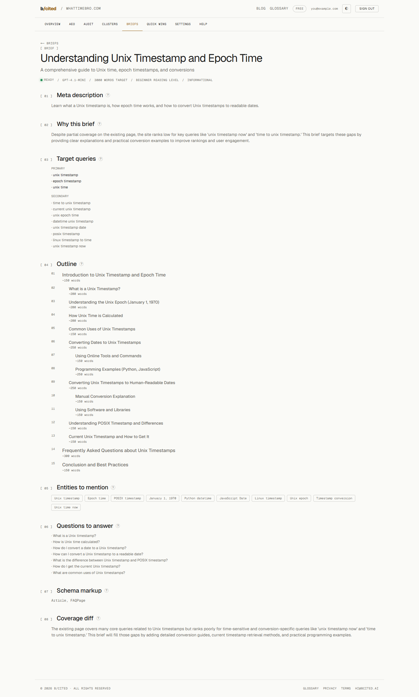 b/cited content brief detail page showing target queries, suggested H-tag structure, schema types, and internal link recommendations