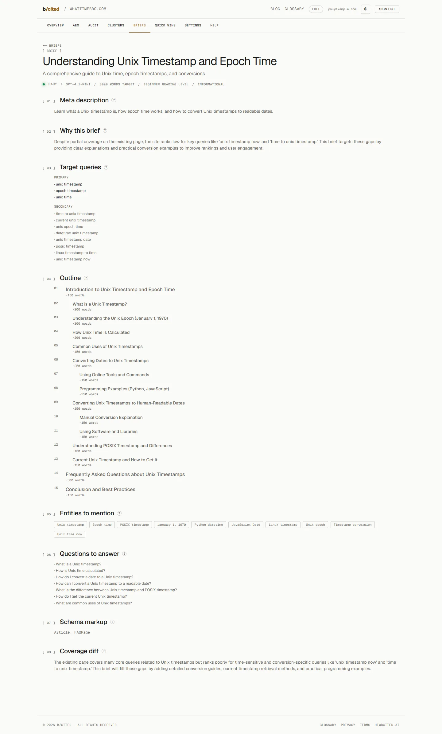 b/cited content brief detail page showing target queries, suggested H-tag structure, schema types, and internal link recommendations